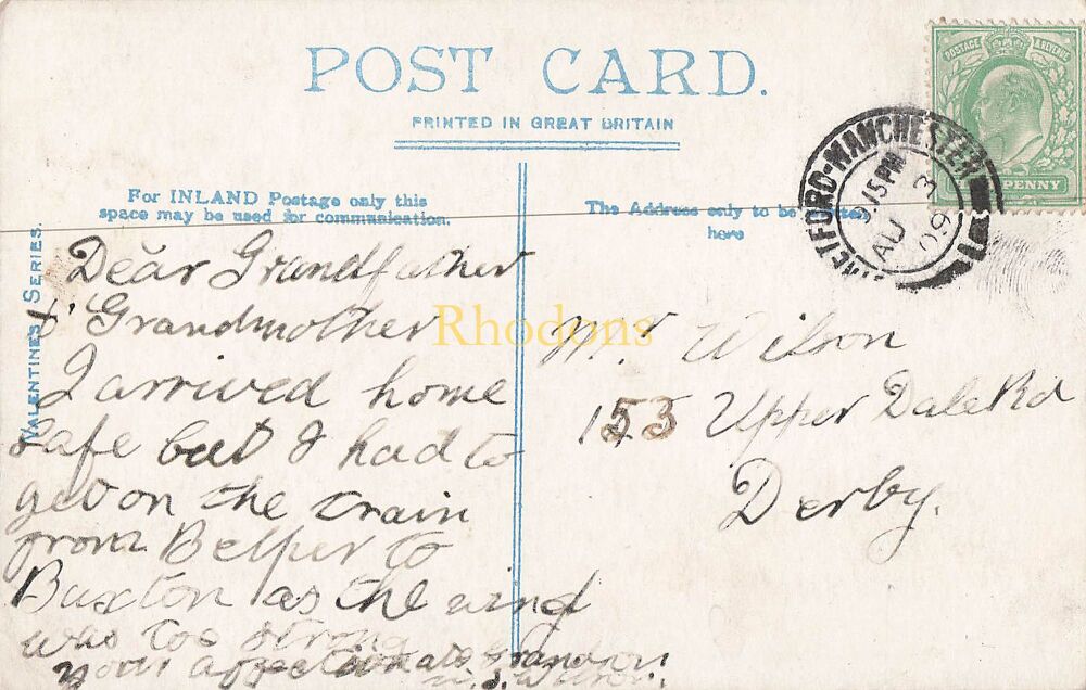Genealogy Postcard-Mr WILSON, Upper Dale Road, Derby 1909 | Valentines Series PC