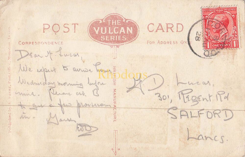Genealogy Postcard-Mr D LUCAS Regent Road Salford Lancs-Manaton Church-Local PC Publisher-Cornwood Devon Button Postmark 1928