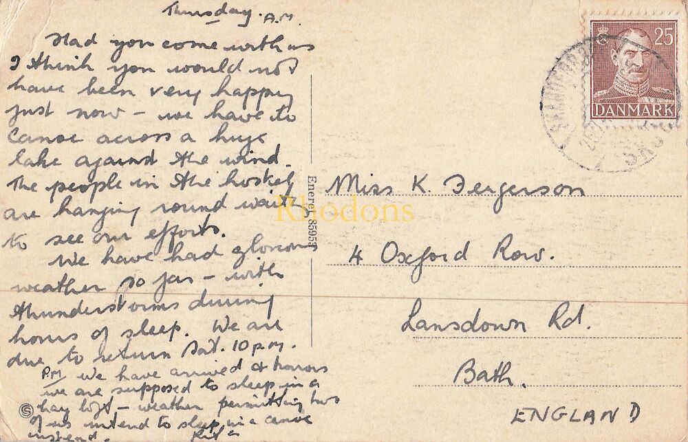 Genealogy Postcard-Miss K FERGUSON Oxford Row Lansdown Road Bath-Danish Postcard and Stamp