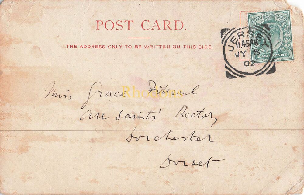 Genealogy Postcard-Miss Grace FILLEUL, All Saints Rectory, Dorchester, Dorset 1902 | Jersey Cows Milking Time UDB PC | Jersey Postmark July 1902