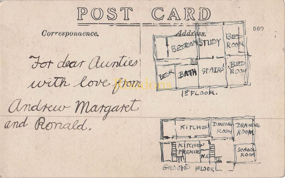Unknown Location Postcard-Edwardian Era House in Winter Real Photo PC with Handwritten Floorplan To Reverse