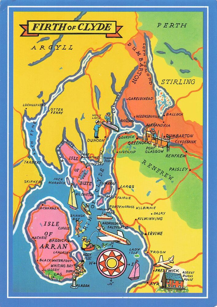 Scotland Postcard-Firth of Clyde Map PC-Circa 1980s Whiteholme of Dundee Publication. Good condition overall