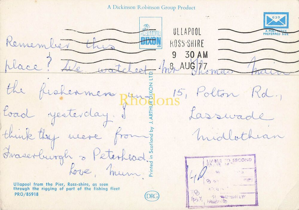 Scotland Postcard-Ross-Shire-Ullapool From The Pier-Circa 1970s J Arthur Dixon Colour Photo PC