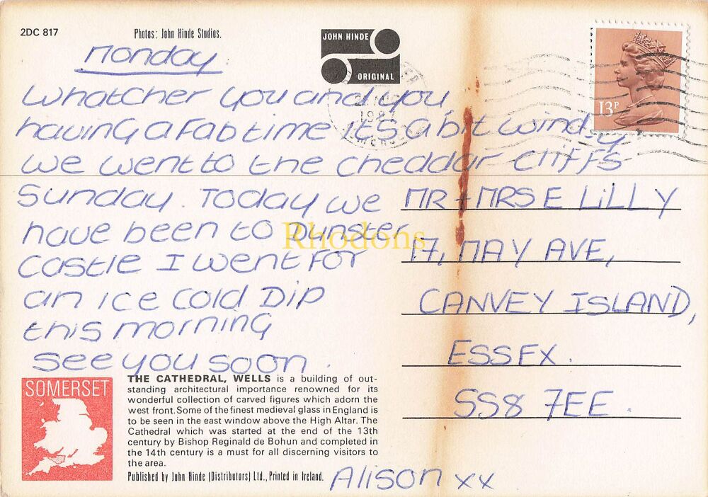 Somerset Postcard-Wells Cathedral-John Hinde Studios Multiview PC-Circa 1980