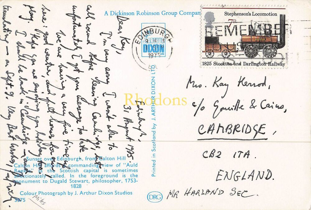 Scotland Postcard-Sunset Over Edinburgh From Carlton Hill-Circa 1970s J Arthur Dixon Photo PC