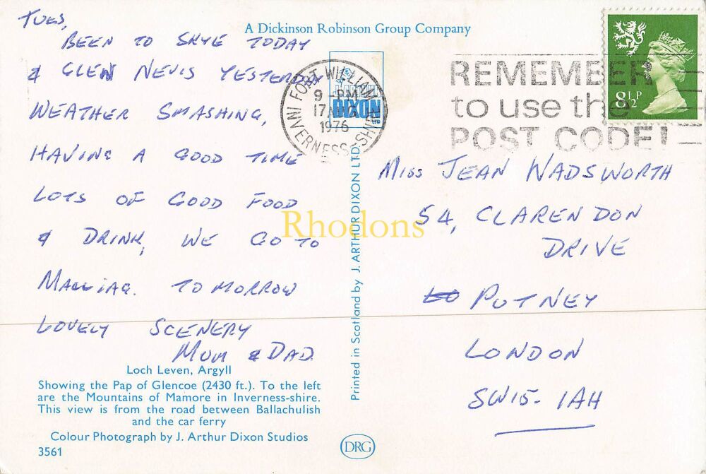 Scotland Postcard-Loch Leven, Argyll-1970s J Arthur Dixon Natural Colour PC