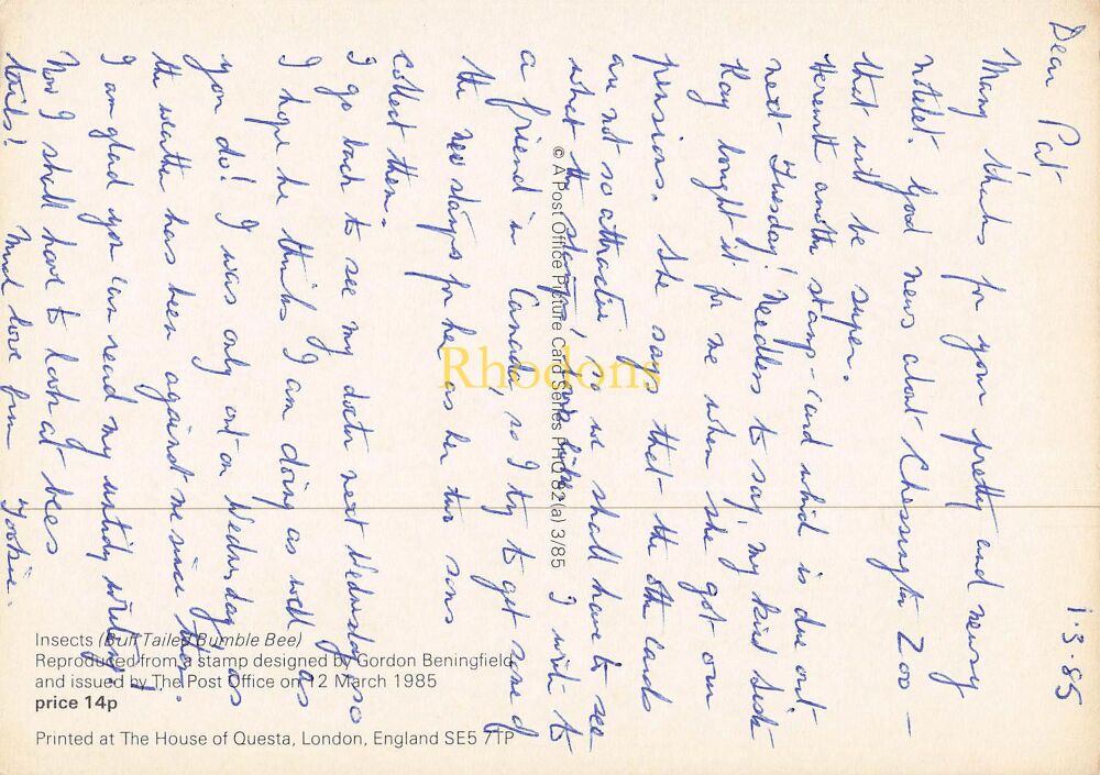 Post Office Picture Postcard-Insects, Buff Tailed Bumble Bee-17p Stamp-Series PMQ 82(a) 3/85