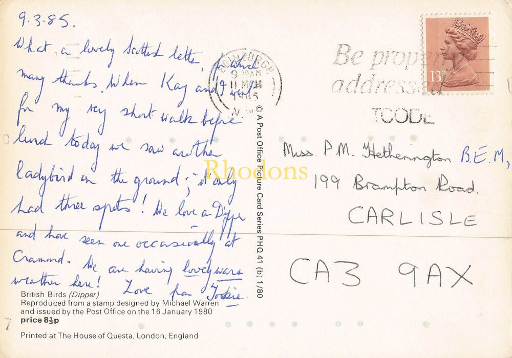 Post Office Picture Postcard-British Birds (Dipper)-11&frac12;p Stamp-Series PHQ 41 (b) 1/80