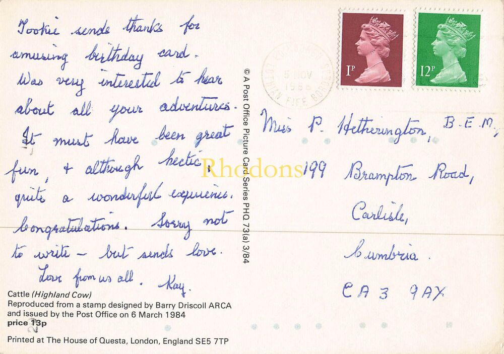 Post Office Picture Postcard-Cattle-Highland Cow-16p Stamp-Series PHQ 73 (a) 3/84