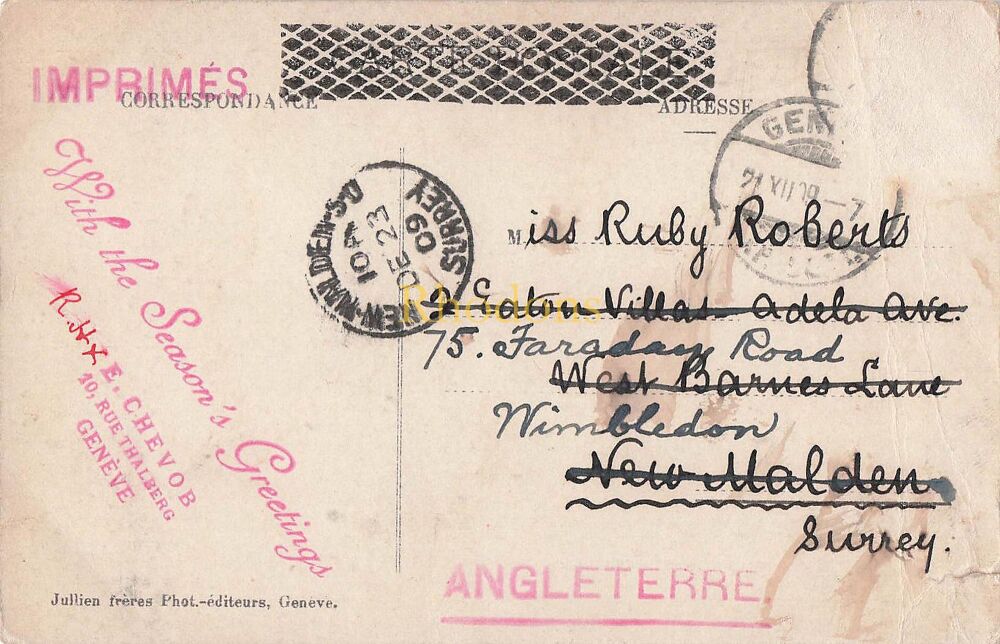 Genealogy Postcard-Miss Ruby ROBERTS, Faraday Road, Wimbledon, December 1909