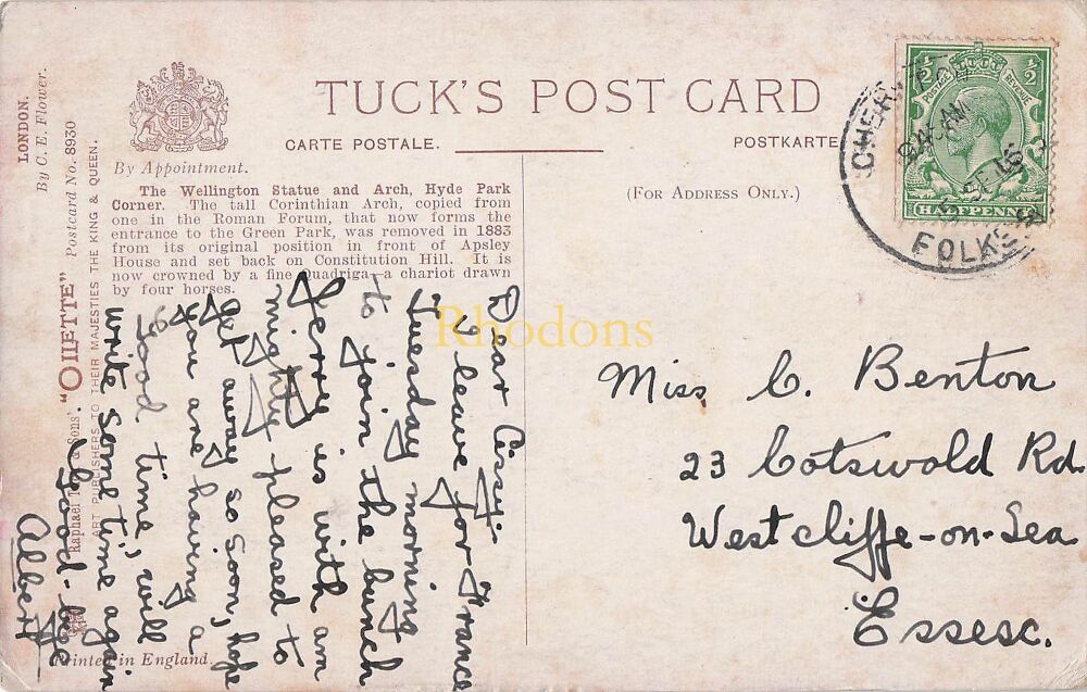 Genealogy Postcard-Miss C BENTON, Cotswold Road, Westcliff on Sea, Essex, 1916 - Departing For France