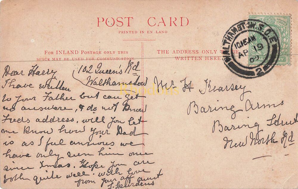 Genealogy Postcard-Mr Henry KEARSEY, Baring Arms, Baring Street, New North Road, Shoreditch, London-April 1919 | The Pier, Skegness
