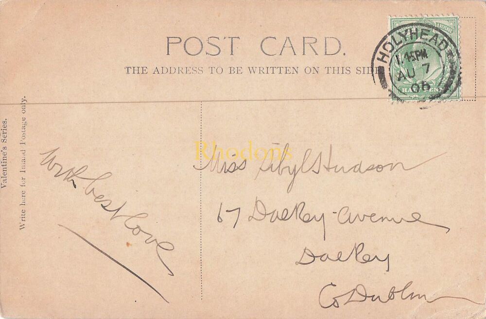 Genealogy Postcards-Miss Sibyl HUDSON, Dalkey Co Dublin, Ireland 1906 | The Breakwater, Holyhead PC