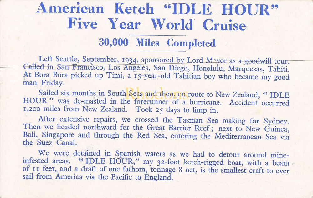 Sailing Postcard-Dwight Long's American Ketch Idle Hour-Signed Copy Postcard-Circa 1930s
