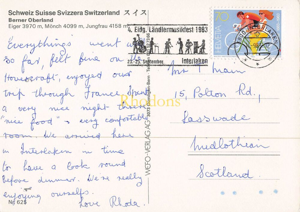 Switzerland Postcard-Berner Oberland, Circa 1980s View of Swiss Alps and Mountain Railway