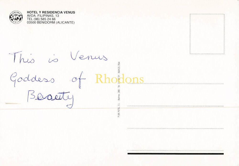 Spain Postcard-Hotel Y Residencia Venus, Benidorm, Alicante, Spain-Circa 1990s Hotel Adverising PC