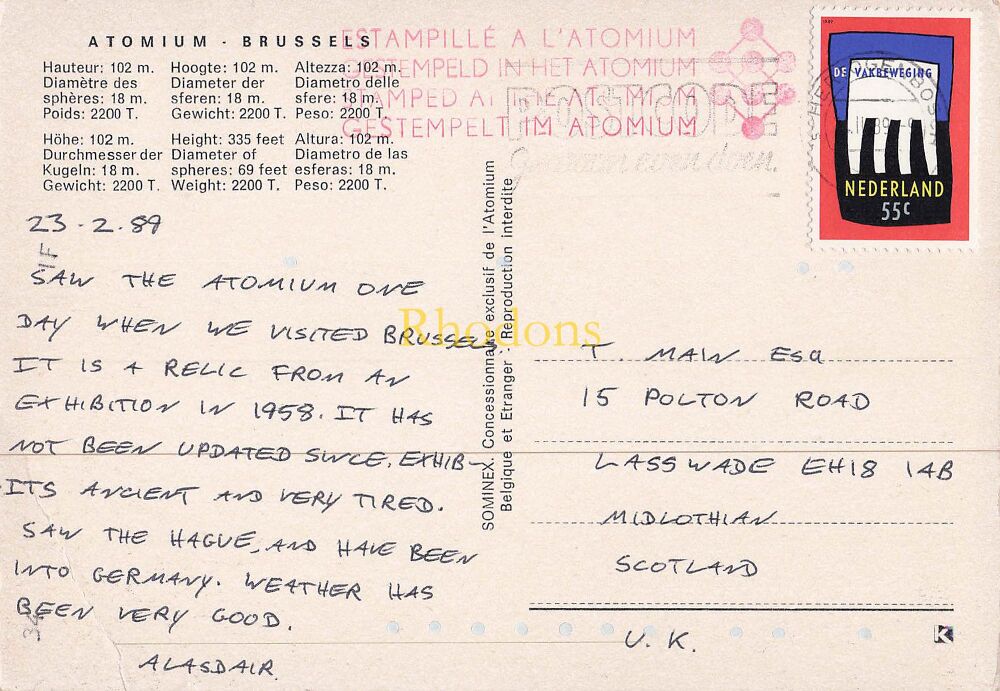 Belgium Postcard-Atomium, Brussels-1980s Night View PC With Atomium Postmark & Dutch Stamp