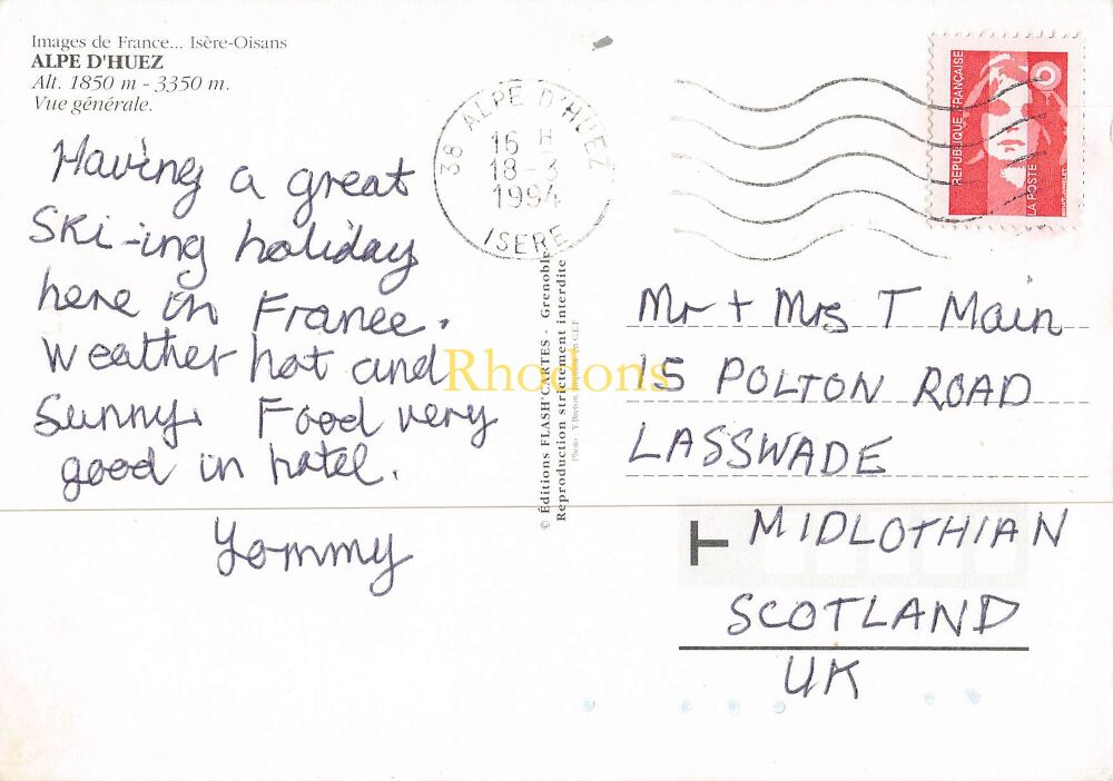 France Postcard-Alpe D'Huez, Isere-Mountains and Cable Car View-Circa 1990s Colour Photo PC