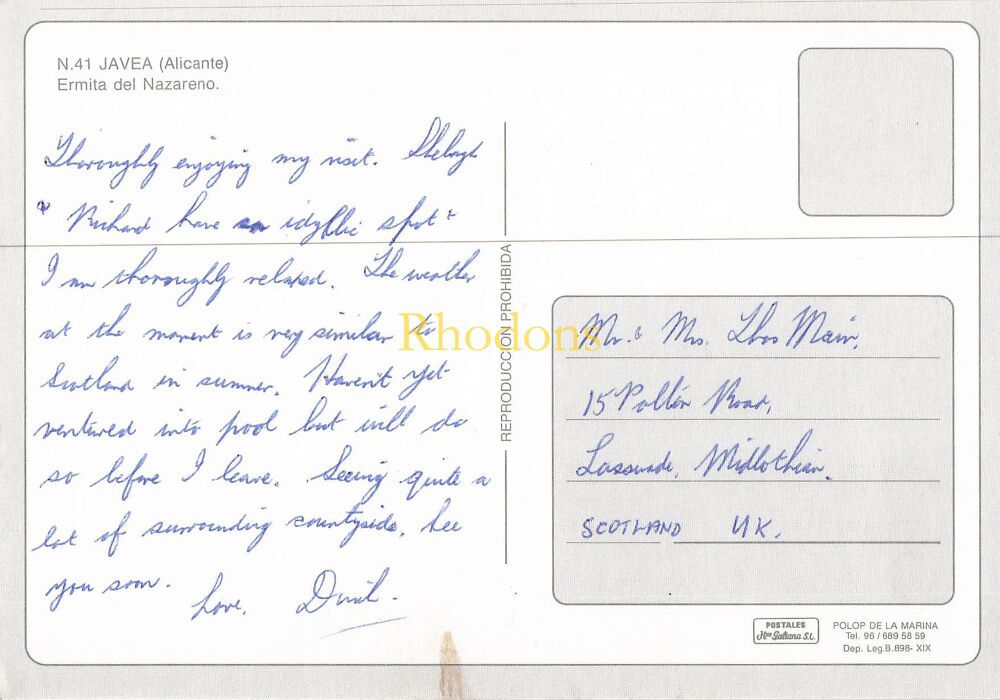 Spain Postcard-Javea (Alicante), Ermita del Nazereno-Circa 1990s Colour Photo PC