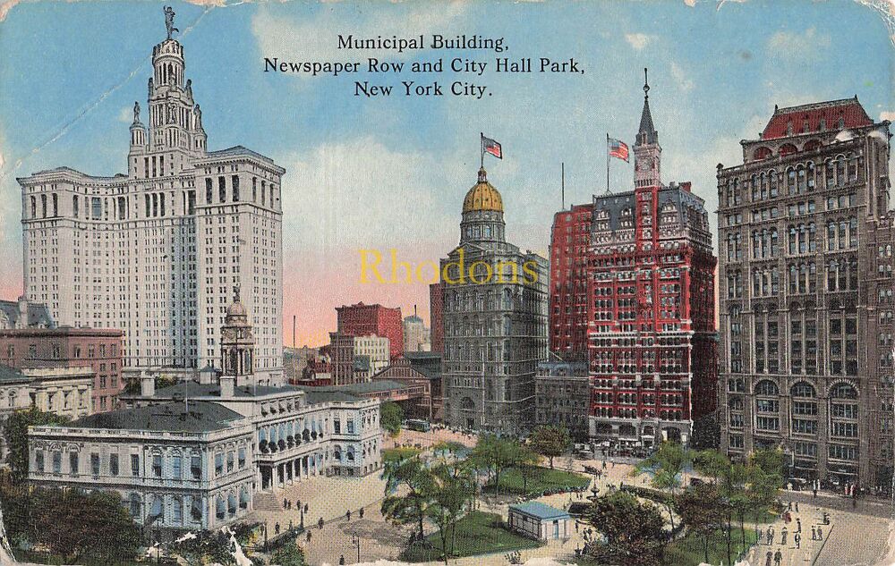 USA Postcard-Municipal Building, Newspaper Row and City Hall Park, New York City, USA-Early 1900s PC