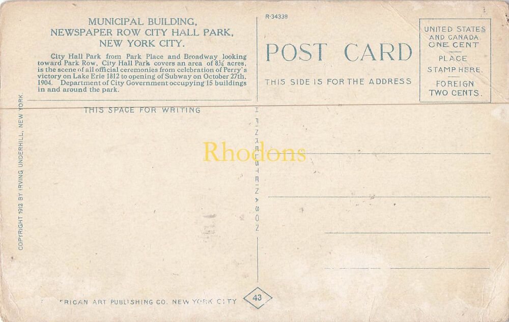 USA Postcard-Municipal Building, Newspaper Row and City Hall Park, New York City, USA-Early 1900s PC