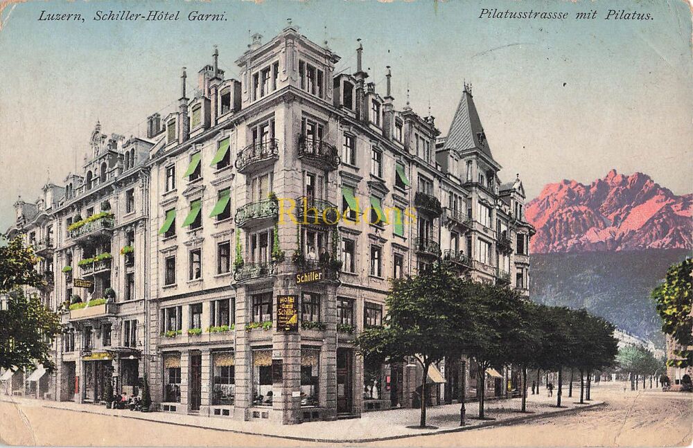 Switzerland Postcard-Luzern-Schiller Hotel Garni, Pilatusstrasse mit Pilatus-Early 1900s PC
