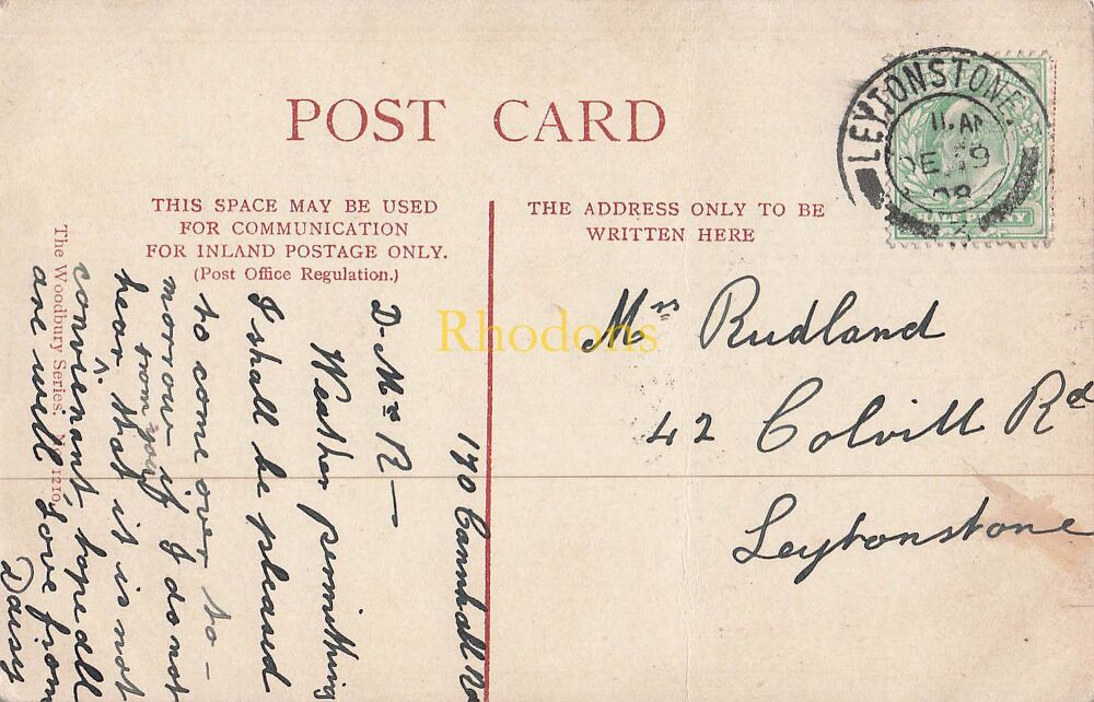 Genealogy Postcard-Mrs RUDLAND, Colville Road, Leytonstone, December 1908 | Raglan Castle, Monmouthshire