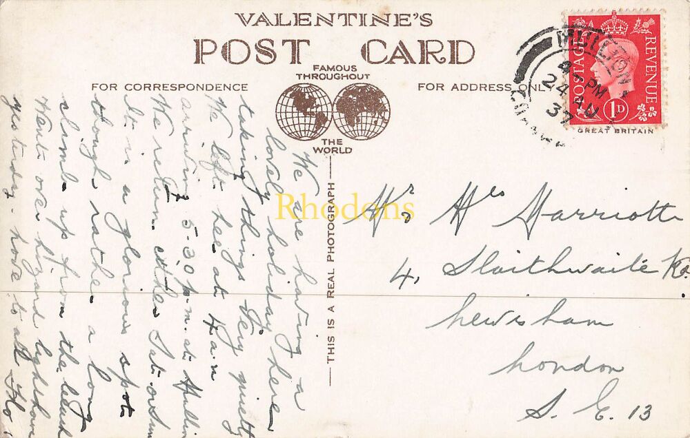 Genealogy Postcard- Mr and Mrs MARRIOTT, Slaithwaite Road Lewisham, August 1937 | Lizard Light From Mousel Bay
