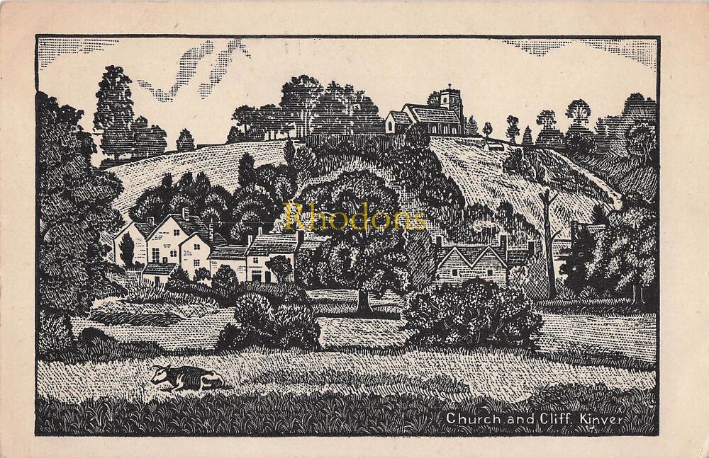 Staffordshire Postcard-Kinver Staffs-Church and Cliff Woodcut Print PC