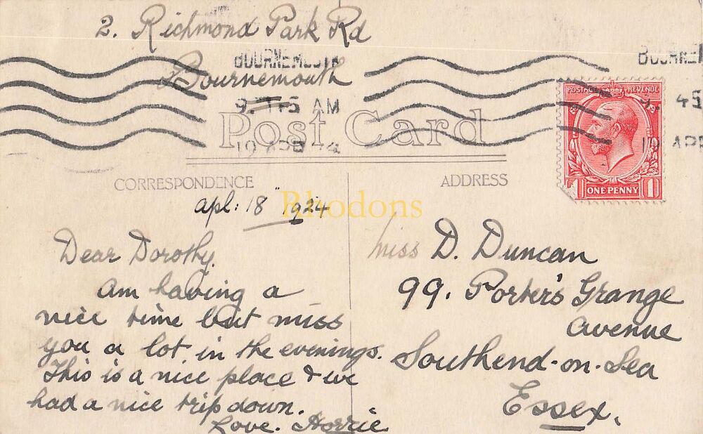 Genealogy Postcard-Miss D DUNCAN, Southend on Sea, Essex, April 1924 | Bournemouth From East Cliff