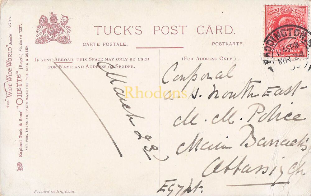 Genealogy Postcard-Corporal NORTHEAST, MM Police Barracks, Egypt, Early 1900s | Tucks Oilette PC