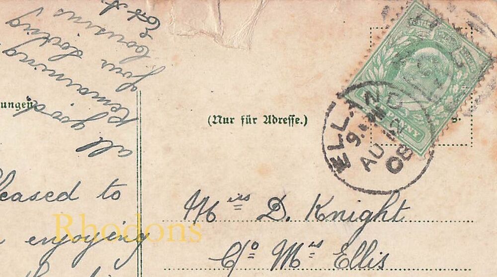 Genealogy Postcard-Mrs D KNIGHT c/o Mrs ELLIS, Horne Road, Ilfracombe-Elland Postmark August 1908