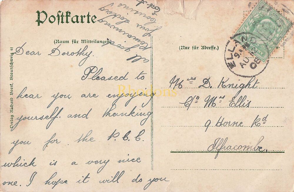 Genealogy Postcard-Mrs D KNIGHT c/o Mrs ELLIS, Horne Road, Ilfracombe-Elland Postmark August 1908