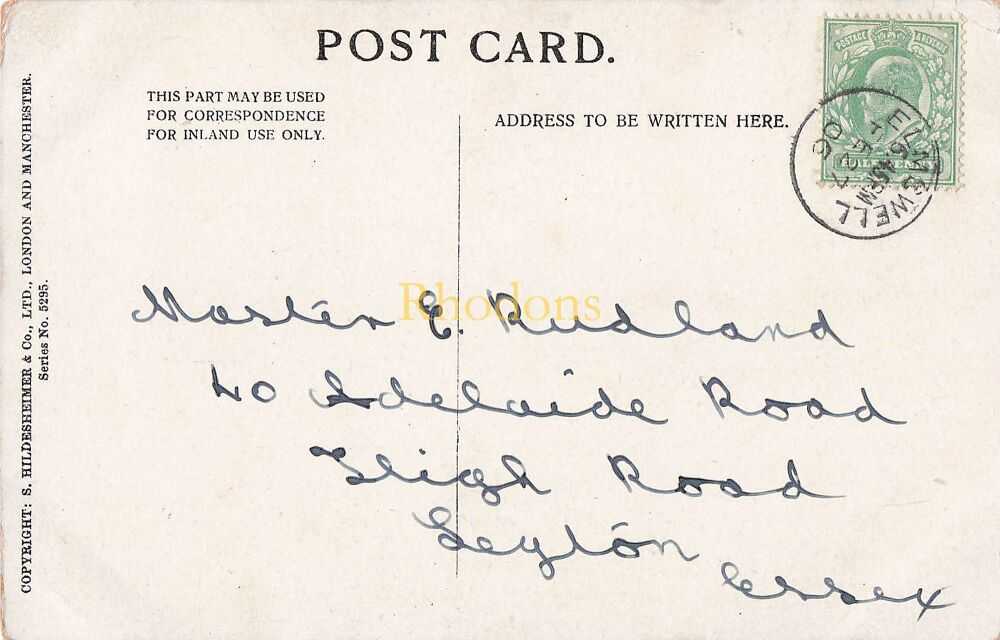 Genealogy Postcard-Master E RUDLAND, Adelaide Road, Leyton | Postal History Interest -ELMSWELL Button Postmark, February 1906