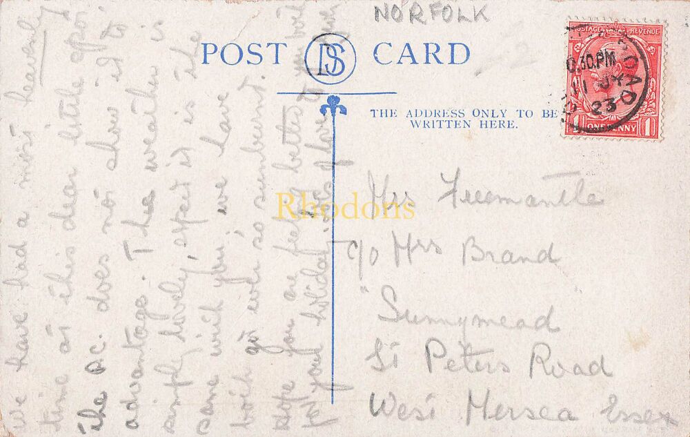 Genealogy Postcard-Mrs FREEMANTLE c/o Mrs BRAND, St Peters Road, West Mersea, Essex 1923 | The Marram Hills Kessingland, Norfolk Template
