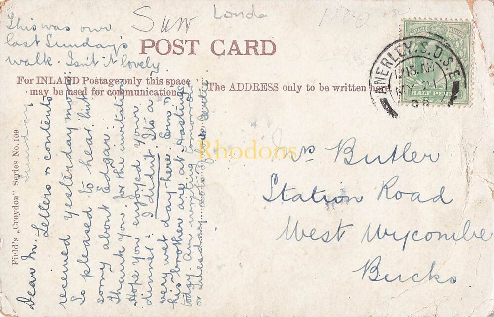 Genealogy Postcard- Mrs BUTLER, Station Road, West Wycombe, Bucks 1905