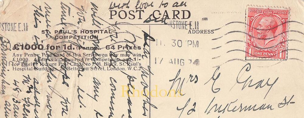 Genealogy Postcard-Mrs E GRAY, Inkerman Street, Luton, Beds, August 1924 | Monument London | St Pauls Hospital Competition
