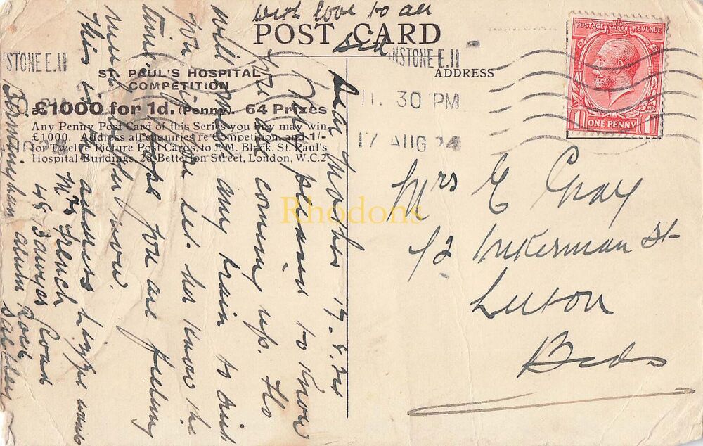 Genealogy Postcard-Mrs E GRAY, Inkerman Street, Luton, Beds, August 1924 | Monument London | St Pauls Hospital Competition