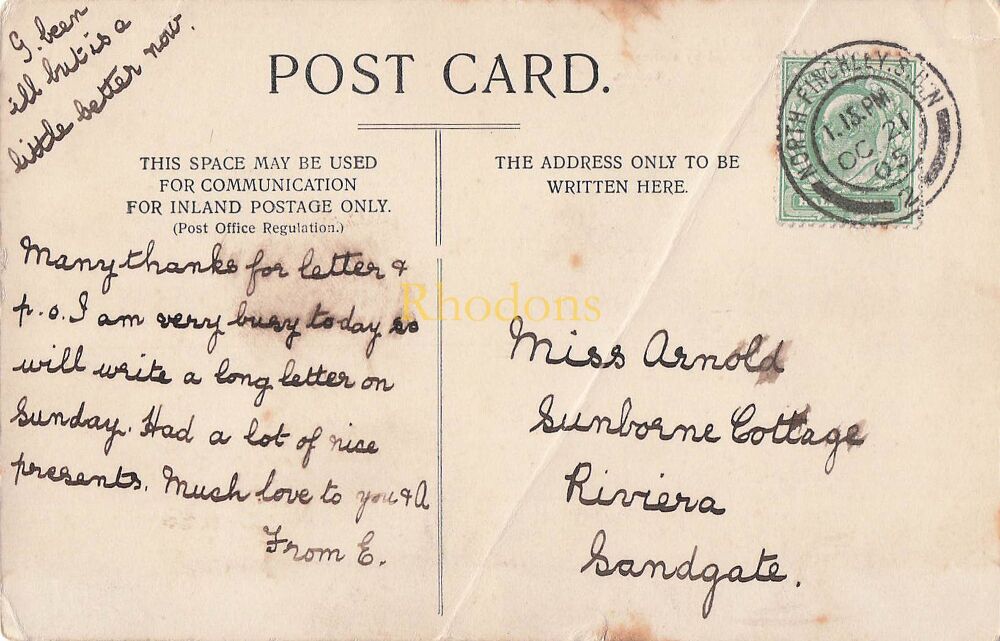 Genealogy Postcard-Miss ARNOLD, Riviera, Sandgate, Folkstone, Kent, October 1905