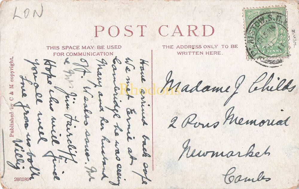 Genealogy Postcard- Madame J CHILDS, Newmarket, Cambs., August 1911 | Sundial Central Park East Ham