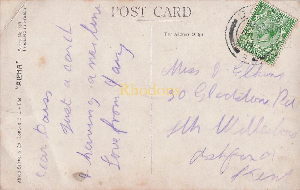 Genealogy Postcard-Miss ELKINS, South Willesborough, Ashford, Kent, 1914