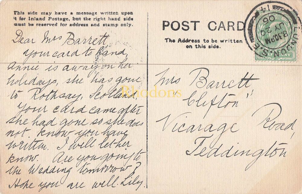 Genealogy Postcard-Mrs BARRETT, Vicarage Road, Teddington-From Lily July 1906