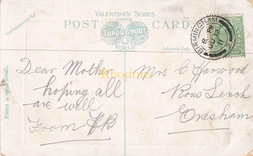 Genealogy Postcard-Mrs C HARWOOD, Rous Lench, Evesham-July 1911