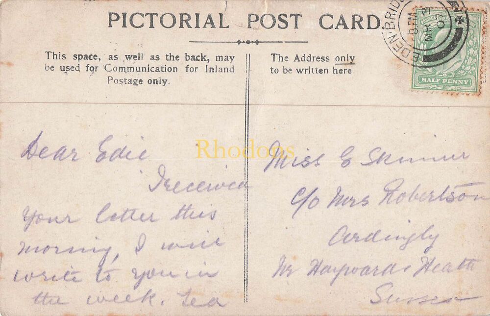 Genealogy Postcard-Miss E SKINNER c/o Mrs ROBERTSON, Ardingly, Sussex 1907