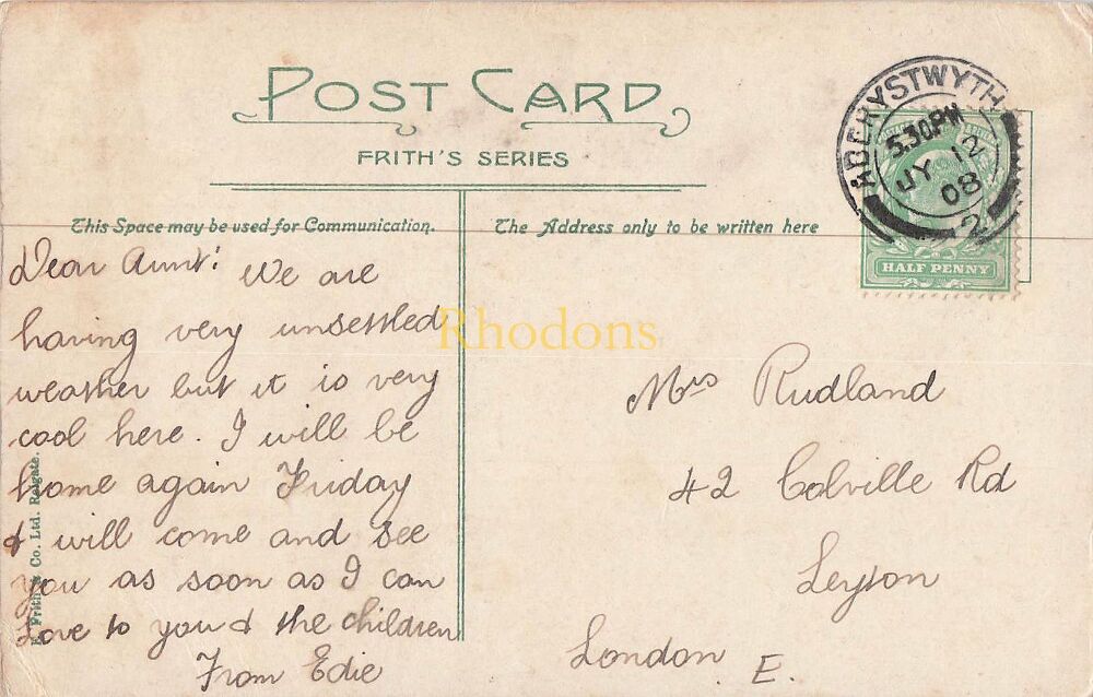 Genealogy Postcard-Mrs RUDLAND, Colville Road, Leyton, London, July 1908