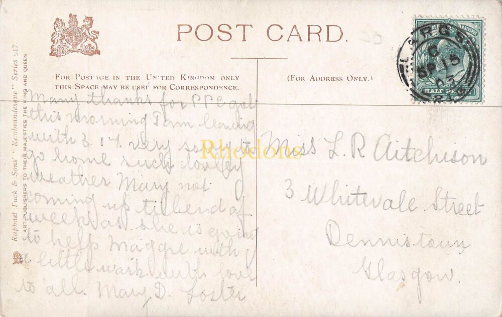 Genealogy Postcard-Miss L R AITCHISON, Whitevale Street Dennistoun Glasgow, 1903 | Tucks Rembrandesque Postcard