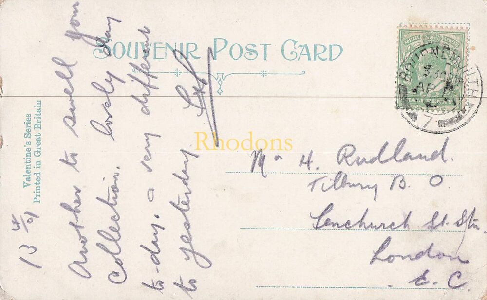 Genealogy Postcard-Mr H RUDLAND-Tilbury Booking Office Fenchurch Street Station, London-April 1907