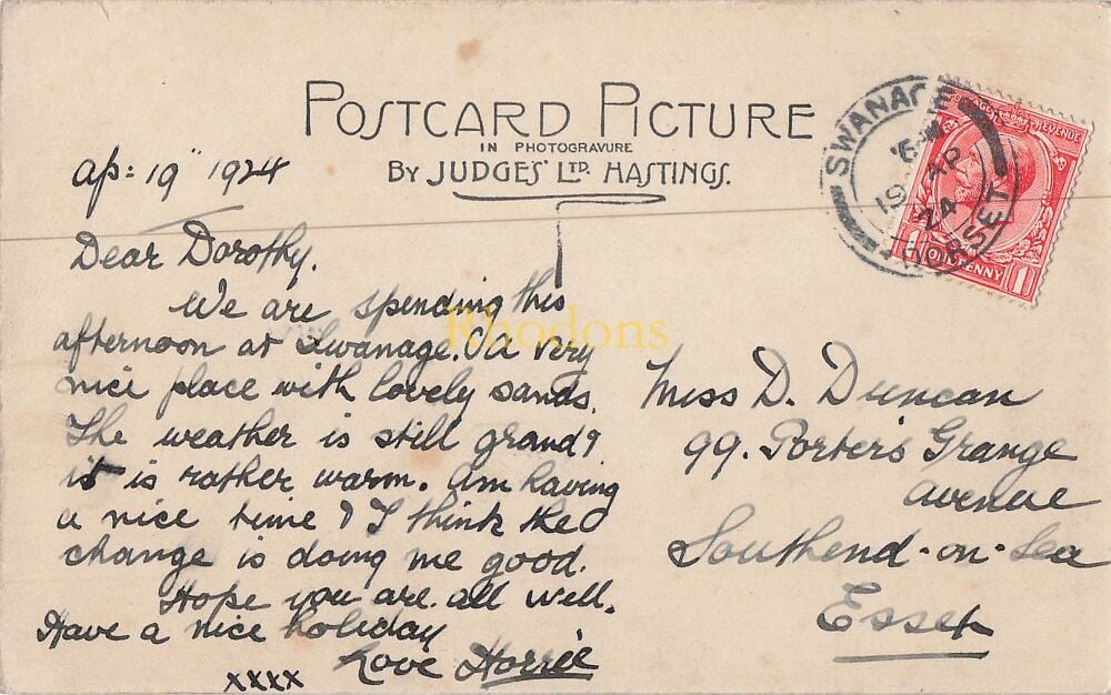 Genealogy Postcard-Miss D DUNCAN, Porters Grange Avenue, Southend on Sea, Essex, April 1924 | Swanage Bay, Dorset, Judges PC