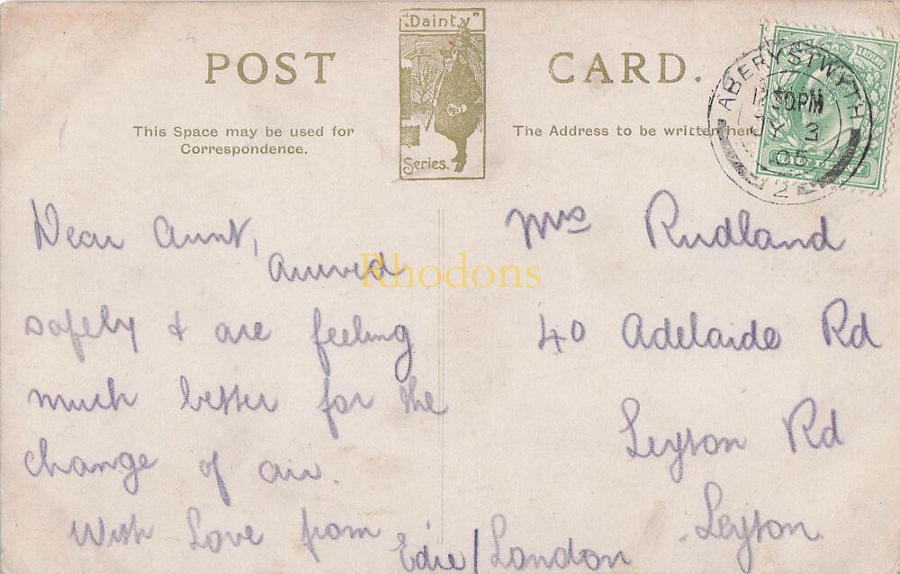 Genealogy Postcard-Mrs RUDLAND, Adelaide Road, Leyton, London July 1905 | The Castle, Aberystwyth-Dainty Series PC
