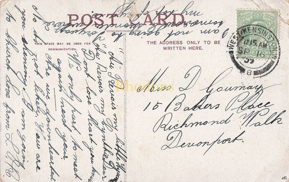 Genealogy Postcard-Miss D GOURNAY, Bakers Place, Richmond Walk, Devonport